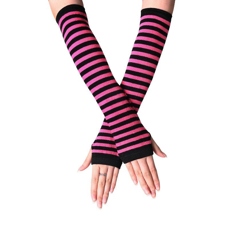 Rose and black striped femboy arm warmers product shot, goth aesthetic fingerless sleeve
