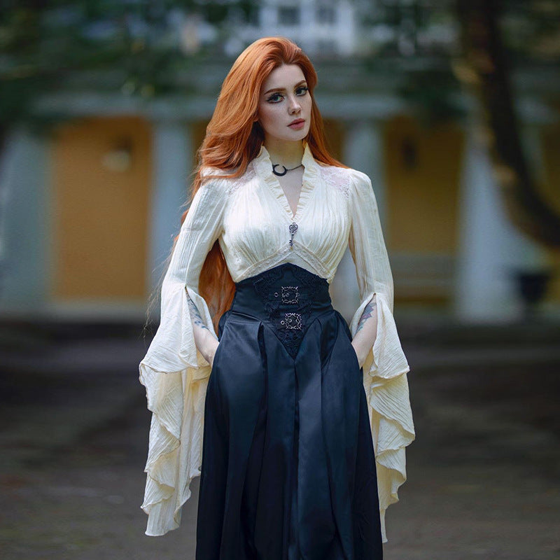 White Victorian ruffle V-neck blouse street style lifestyle shot, flared sleeve femboy aesthetic
