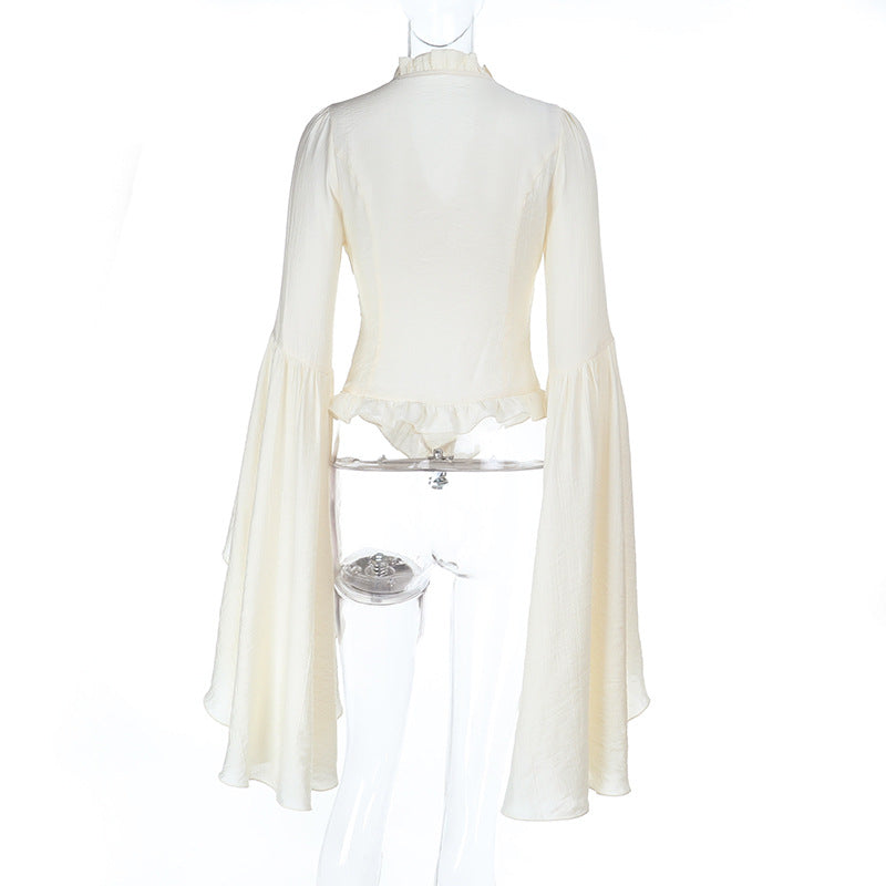 White Victorian ruffle femboy blouse back product shot, flared sleeve and ruffle hem detail