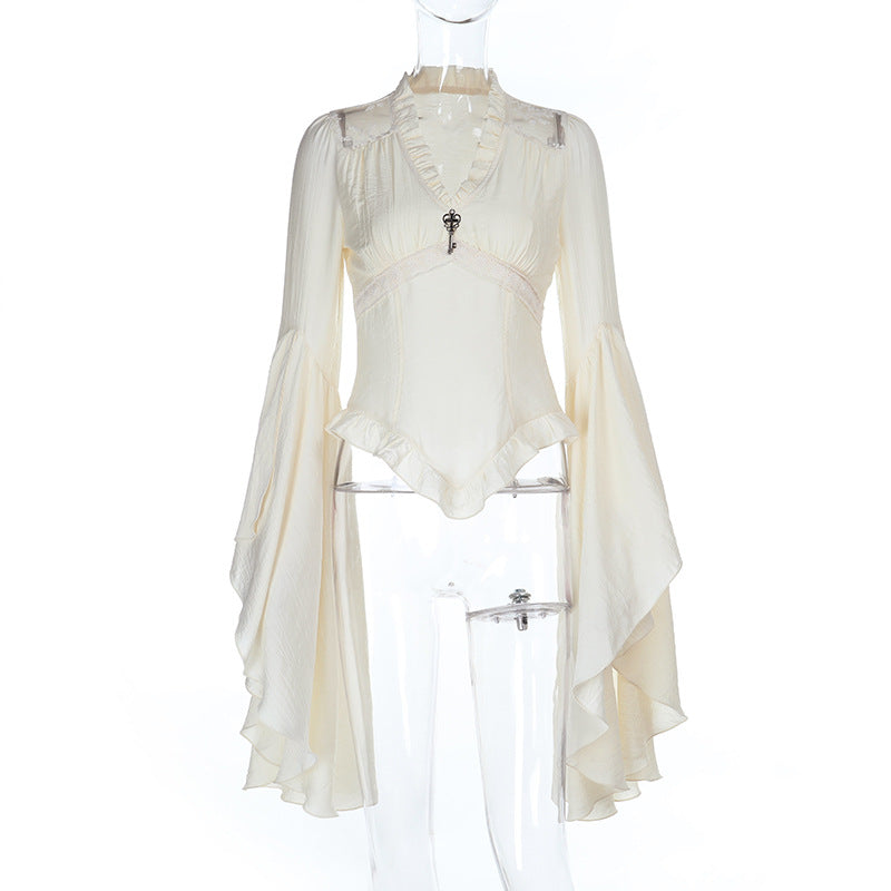 White Victorian ruffle femboy blouse front product shot, flared bell sleeve and V-neck lace detail