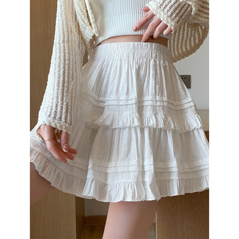 White femboy lace ruffle skirt with high-waisted design, ideal for soft and feminine femboy clothing styles.