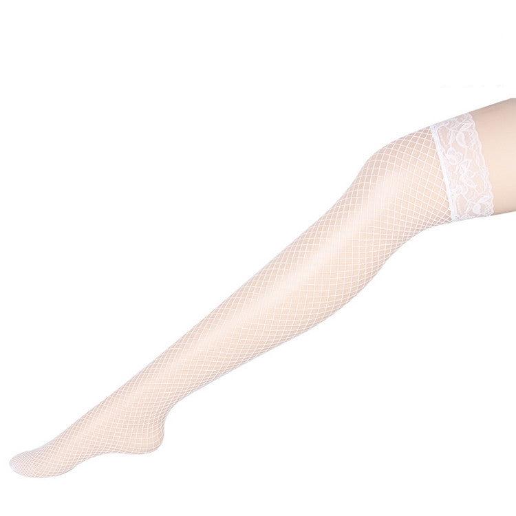 Side view of white Lace Trim Fishnet Stockings featuring a delicate lace band at the top and an intricate fishnet design. Captured on a clean white background, highlighting femboy clothing and elegant styling.