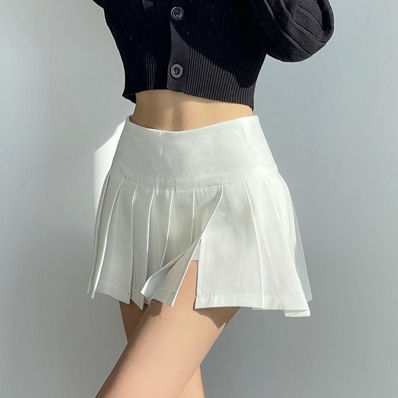 Full side view of a white pleated half skirt paired with a black snug top, perfect for creating a bold and fashionable statement in femboy clothing.