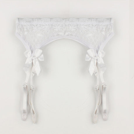 White Sheer Garter Belt with Delicate Lace and Satin Bows - Showcases a white lace garter belt with adjustable satin bow attachments, blending elegance with femboy fashion.